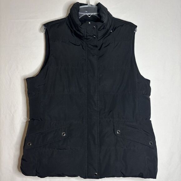 Talbots Women's Puffer Vest Duck Down Fill Large Black Pockets Full Zip No Hood - Picture 1 of 15